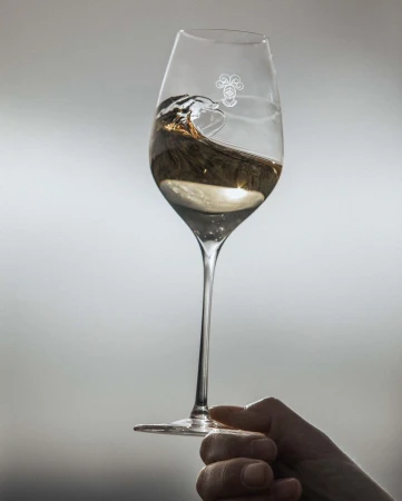Wine glass held by a hand with light reflecting off liquid inside against grey background, ideal for beverage product promotion.