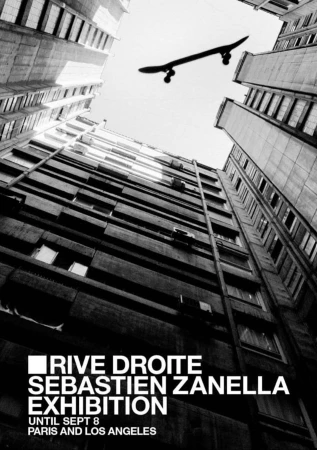 Black and white shot looking up at high-rise buildings and a skateboard floating in the sky, with text advertising an exhibition.