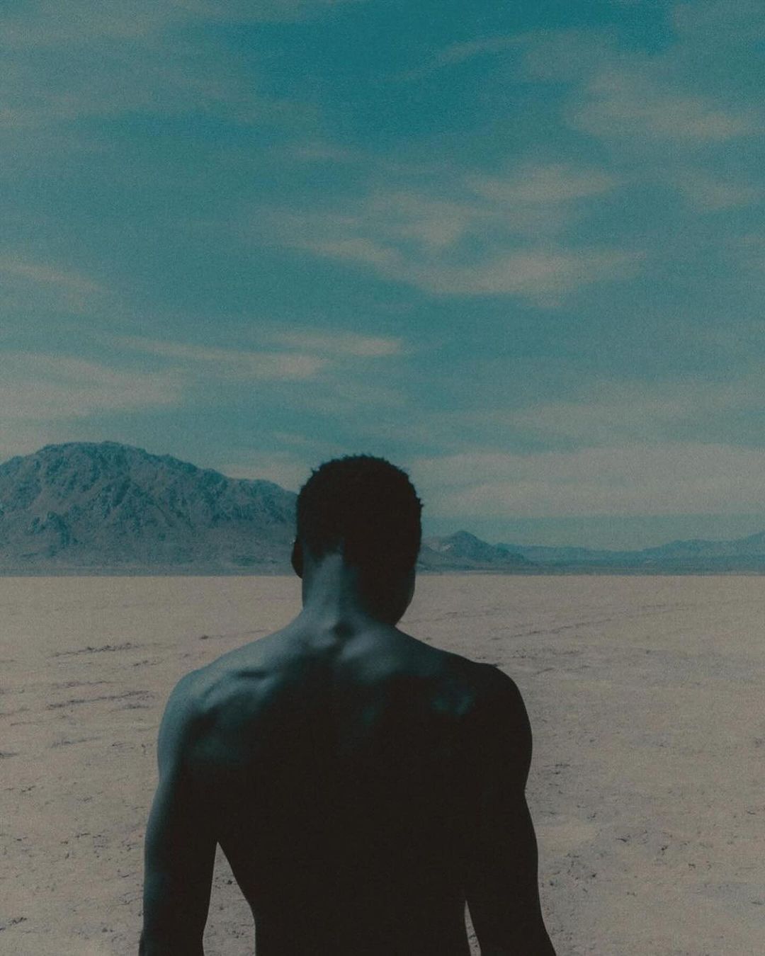 Bare-chested adult man stands in desert landscape under a bright sky, facing away from the camera towards distant mountains.
