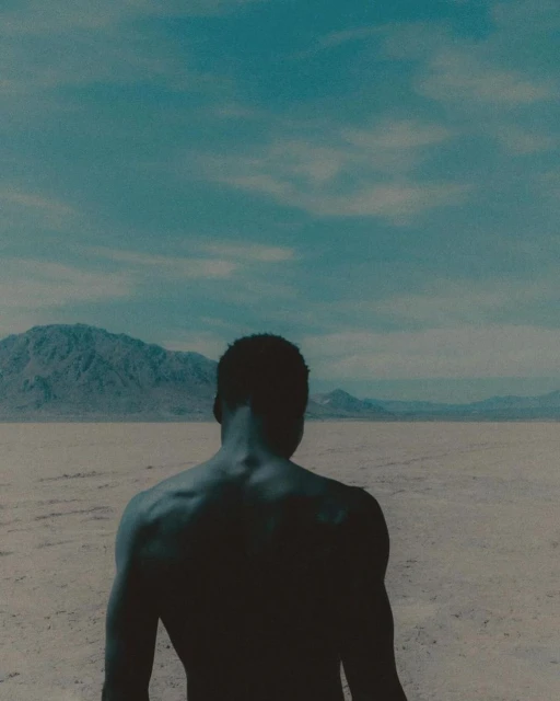 Bare-chested adult man stands in desert landscape under a bright sky, facing away from the camera towards distant mountains.