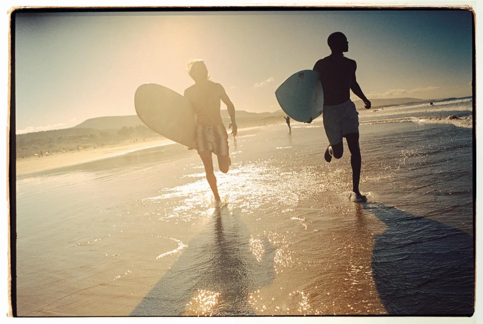 Two surfers run on a sunny beach with surfboards, leaving footprints in the wet sand, with sun-kissed water and rolling hills beyond.