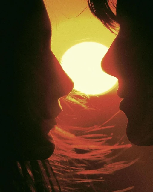 Silhouette of a couple against a bright sun and sky. The focus is on the outlines of their faces in close proximity, creating a romantic mood.