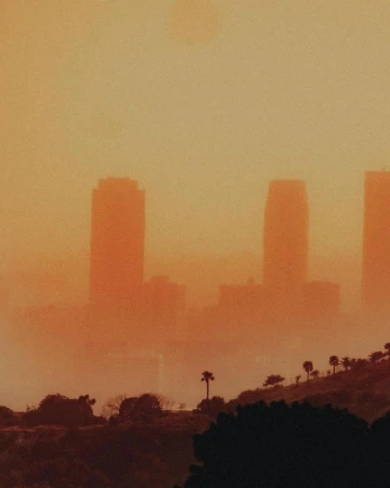 Cityscape featuring a skyline with tall buildings shrouded in heavy golden fog at sunset, and silhouetted trees on hillside in the foreground.