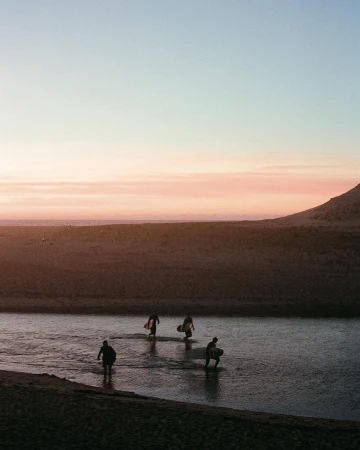 Four surfers wade through shallow water carrying surfboards at sunset, with a sandy beach and pastel sky in the background.