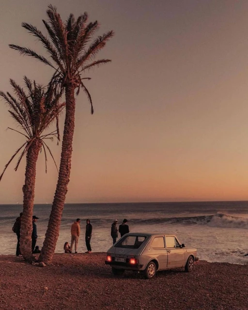 A classic car sits on a sandy beach at sunset, with palm trees and a group of people enjoying the coastal scenery.