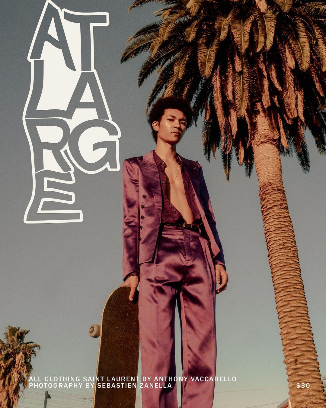 A man in a purple satin suit holding a skateboard stands under a palm tree in Paris, photographed by Sebastien Zanella.