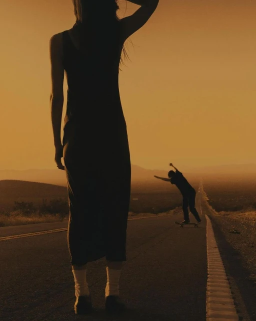 Woman in dress stands on road in hazy sunlight, while a skateboarder approaches in the distance under a clear yellow sky at golden hour.