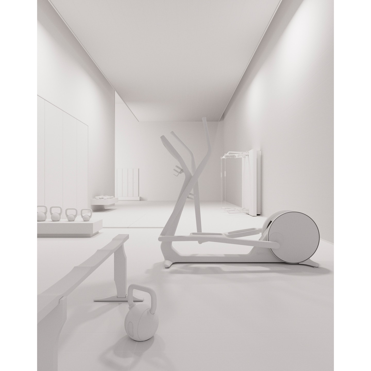 All-white monochrome gym interior featuring an elliptical machine, kettlebell, weight rack and bench in a modern minimalist space.
