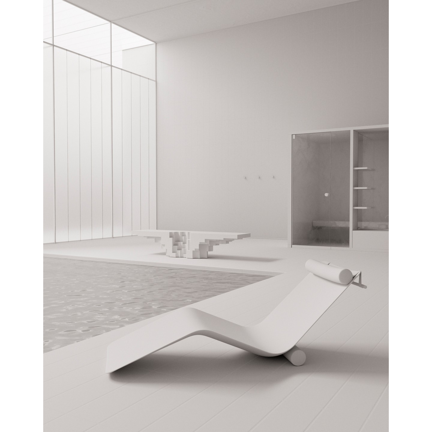 Minimalist all-white indoor scene features a modern lounge chair, a sculptural coffee table, large window, and white walls in a spacious interior.