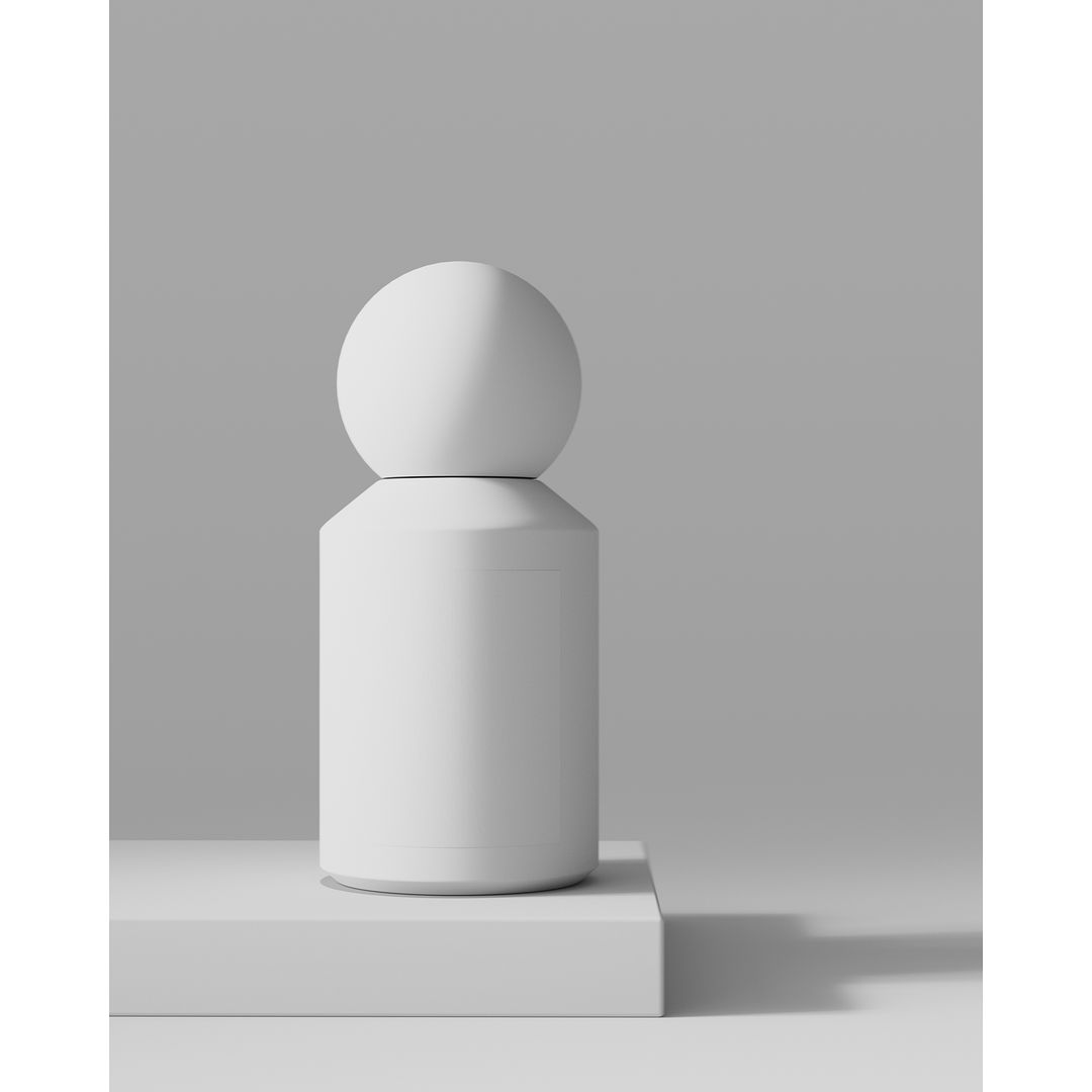 Minimalist white geometric sculpture featuring a sphere on a cylinder, set against a soft grey background on a white pedestal.