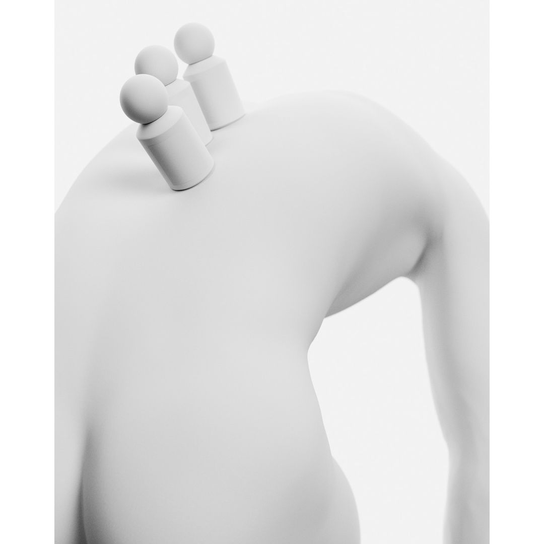 Abstract image shows a person's back with three wooden toy figures standing on it, all in white on a white background.