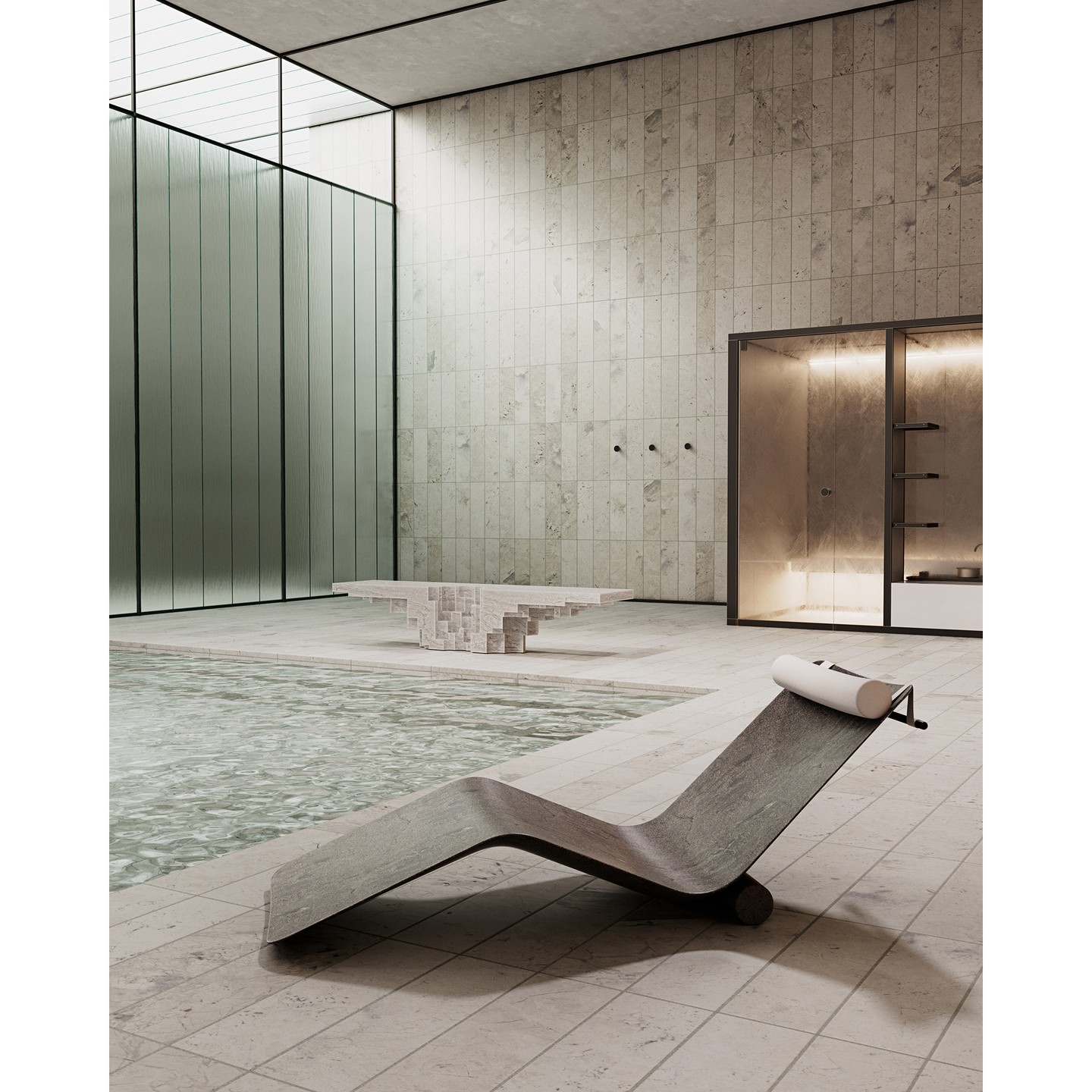 Modern lounge chair with white headrest next to a pool, with travertine walls, tile flooring, and geometric decor.