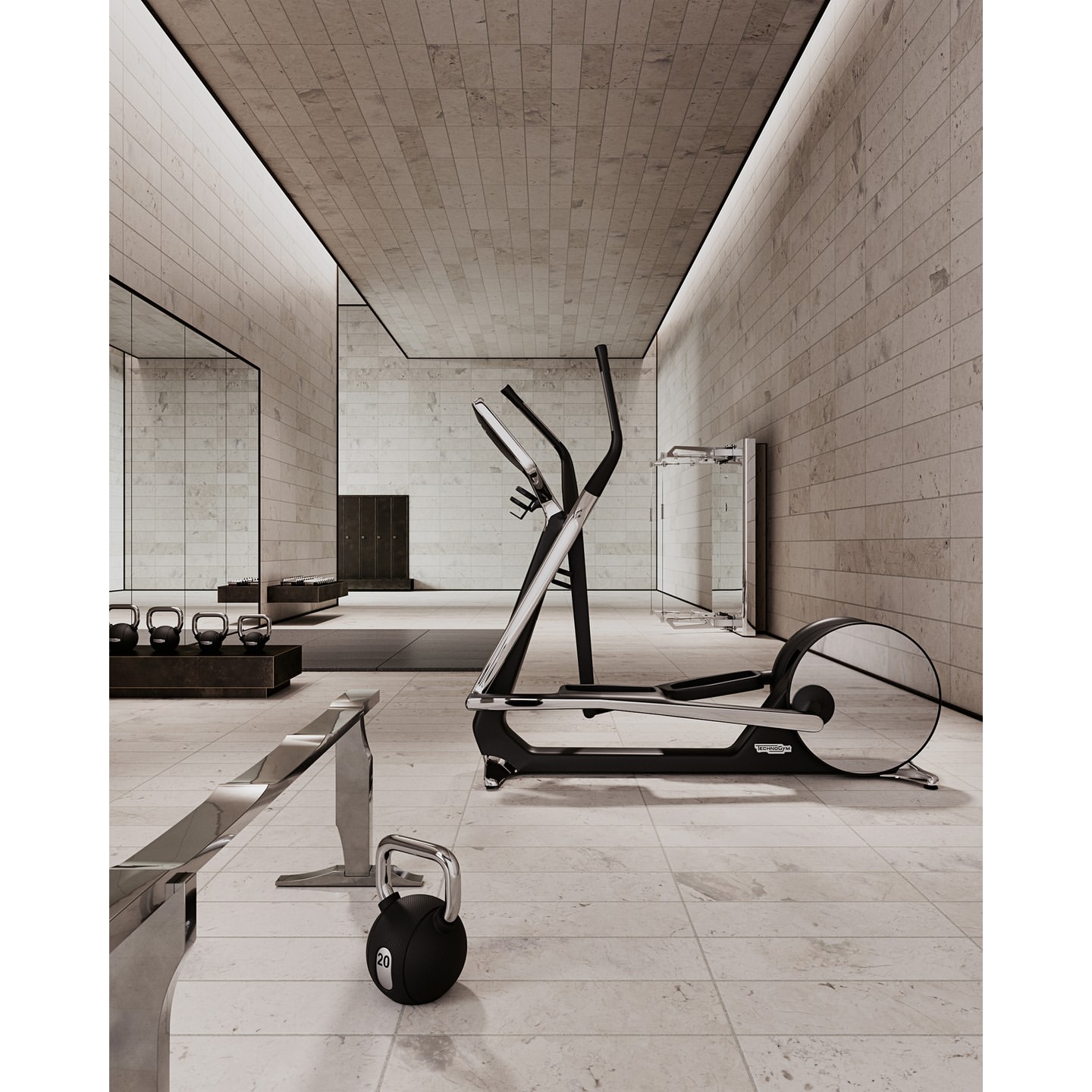 Elliptical machine in a fitness center with a neutral color scheme, featuring fitness equipment and a clean, modern design.