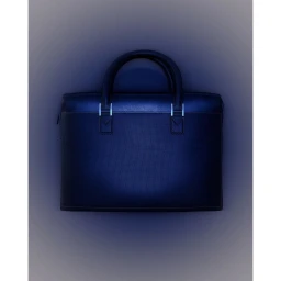 Dark blue leather briefcase with structured top handles and silver hardware centered on a gradient background