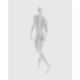 Blurred grayscale cgi figure of a standing person against a plain light grey background