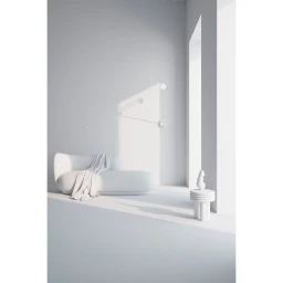 Monochrome 3D interior render of a minimalist living room featuring a curved white sofa and a small sculptural side table.