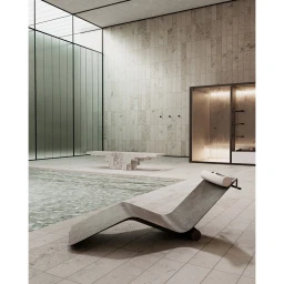 CGI architectural visualisation of a minimalist interior pool room with modern stone furniture in Paris by Seen