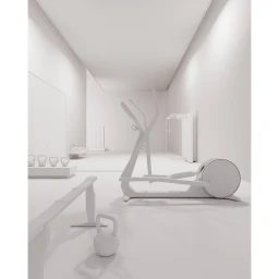 Monochrome 3D rendered gym interior featuring an elliptical trainer, weight bench, kettlebells, and minimal white architecture.
