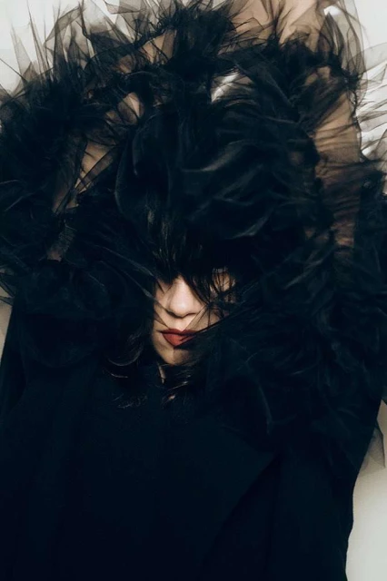 Portrait of a woman with dark hair partially obscured by a large, dark tulle collar and shoulder piece, set against a plain light background.
