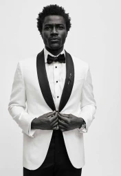 Black man wearing a white tuxedo jacket with black lapels and a bow tie against a solid white background