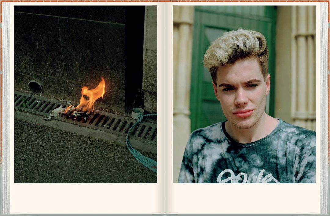 Two-page spread shows a young adult with bleached hair next to burning trash in a street drain, creating a striking juxtaposition.