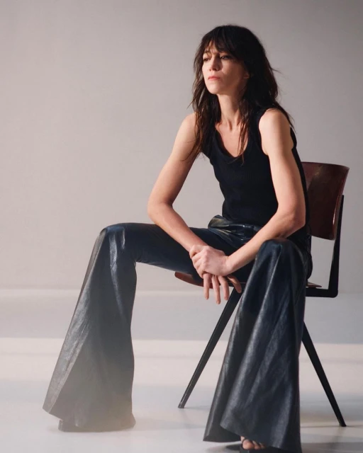 Portrait of a woman with dark hair in a black tank top and shiny black pants sitting on a chair in a brightly lit studio.