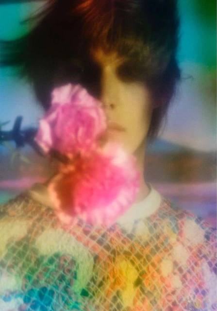 Close-up shot of a person with short dark hair, holding a large pink flower in front of their face, wearing a colorful patterned top.
