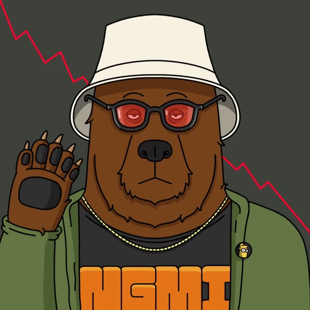 Cartoon bear illustration wearing a hat and sunglasses with a downward trending red line in the background on a gray background.
