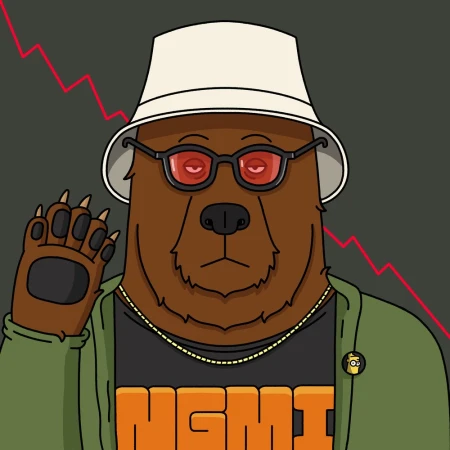 Cartoon bear illustration wearing a hat and sunglasses with a downward trending red line in the background on a gray background.