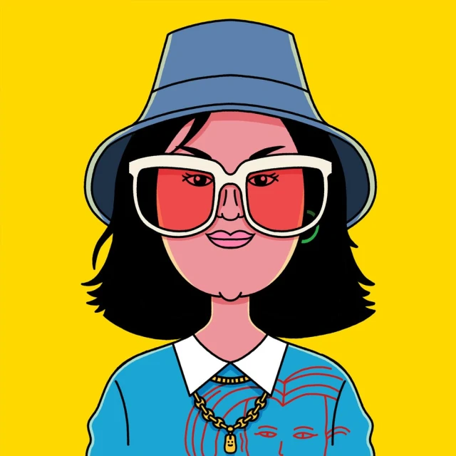 Illustration of a person wearing a hat and glasses against a bright yellow background, presented as an eye-level close-up shot.