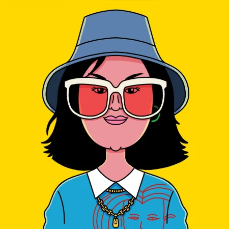 Illustration of a person wearing a hat and glasses against a bright yellow background, presented as an eye-level close-up shot.
