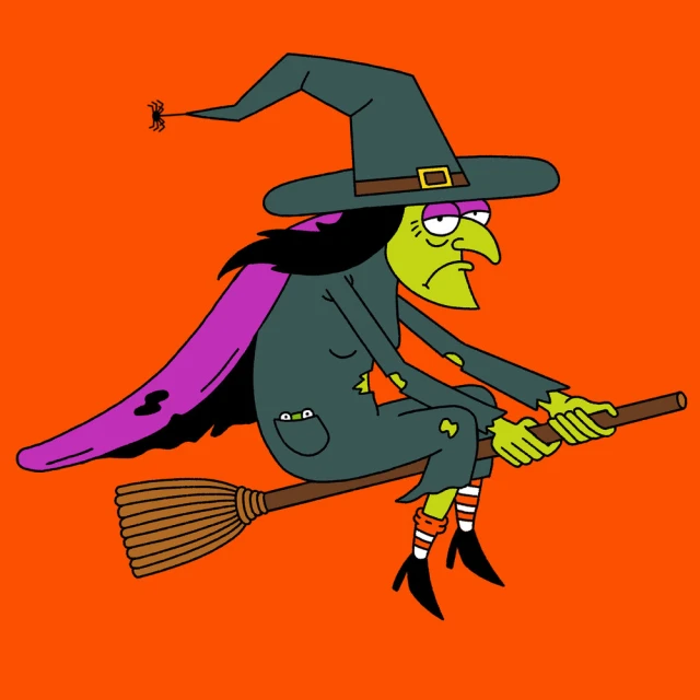 Cartoon illustration of a green-skinned witch wearing a hat, robe and striped socks while flying on a broomstick against an orange background.