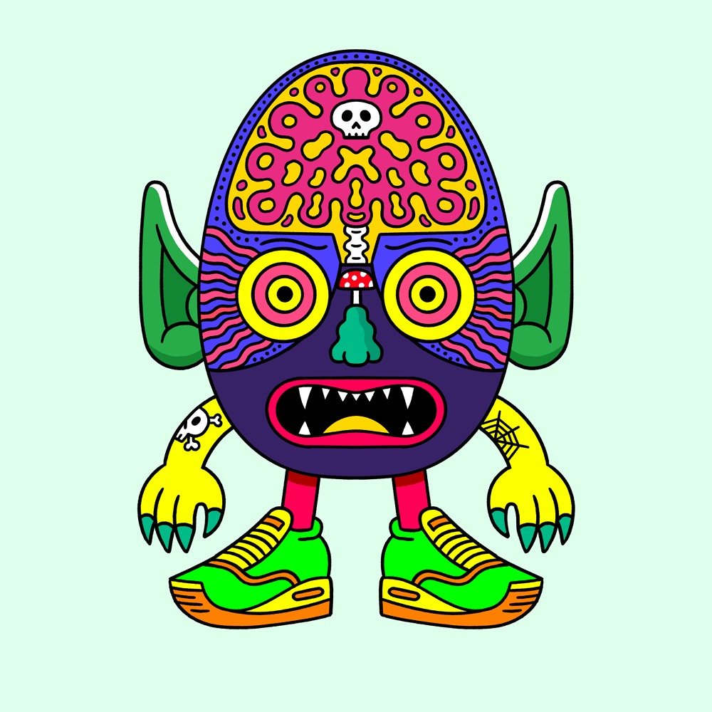 Whimsical cartoon monster with a skull-adorned brain, large eyes, fang-filled mouth, and bright sneakers against a pale-green backdrop.