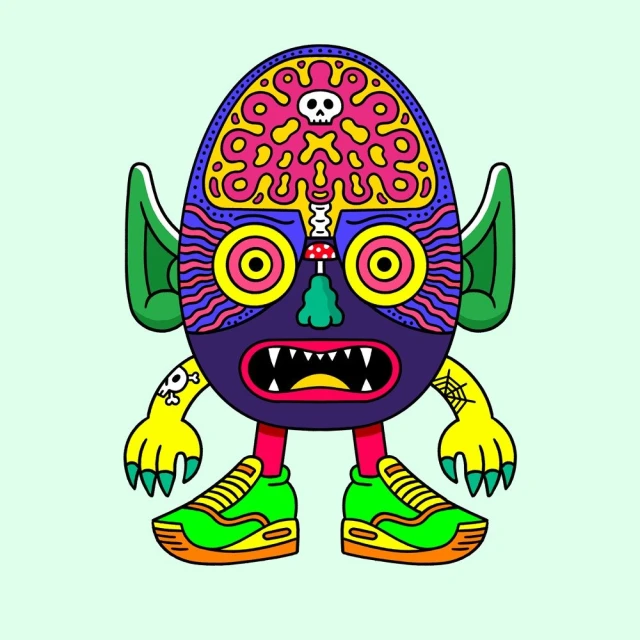 Whimsical cartoon monster with a skull-adorned brain, large eyes, fang-filled mouth, and bright sneakers against a pale-green backdrop.