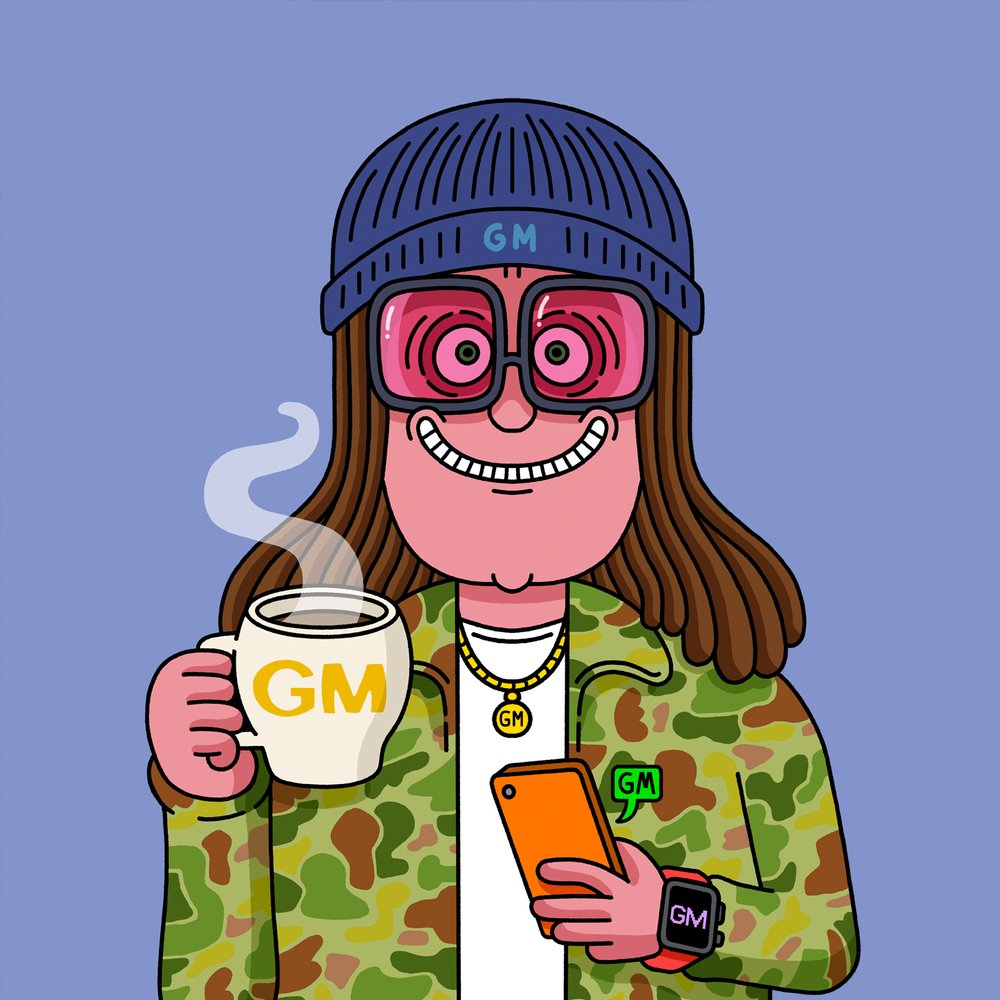Illustration of a person with long hair, a beanie, and glasses holding a coffee cup and a smartphone against a blue background.