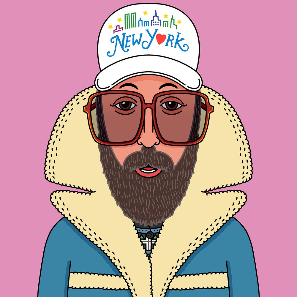 Illustrated portrait of a bearded man wearing oversized sunglasses, a blue shearling jacket, and a New York cap against a pink background