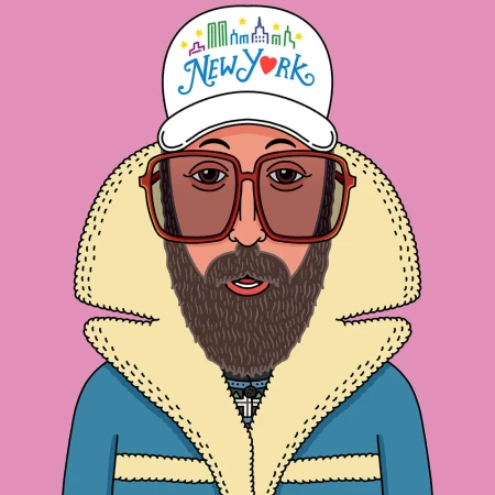 Illustrated portrait of a bearded man wearing oversized sunglasses, a blue shearling jacket, and a New York cap against a pink background