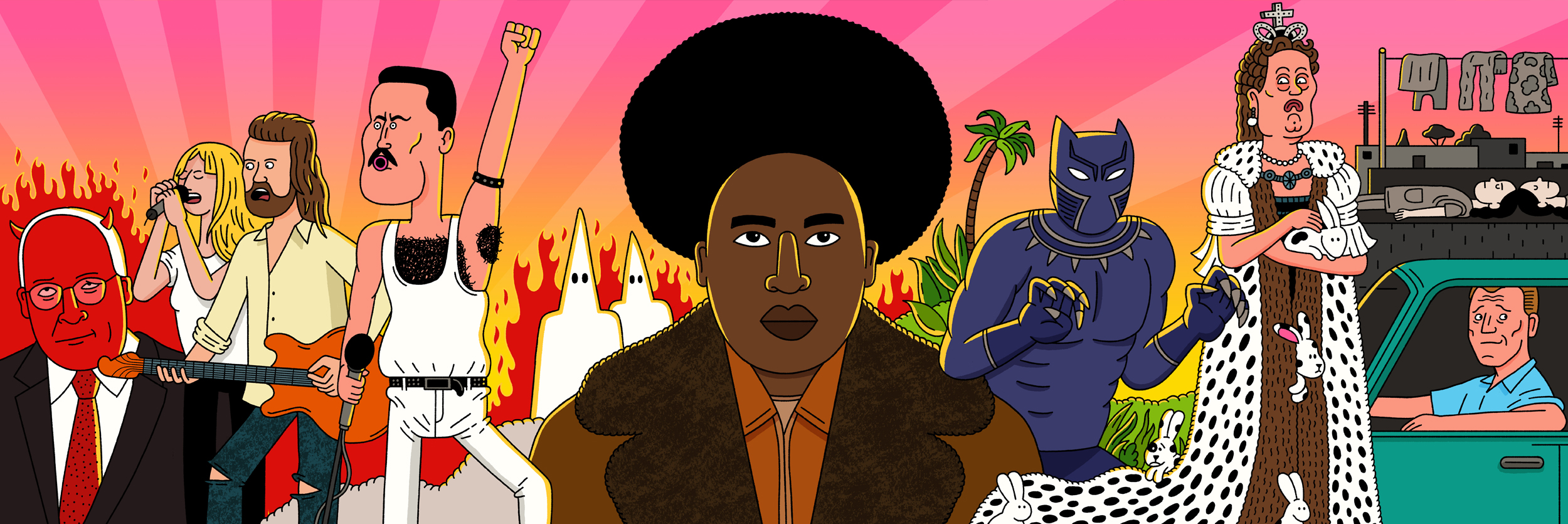 Cartoon rendering of diverse figures in an outdoor setting. Features people of different ages, dress, and skin color.