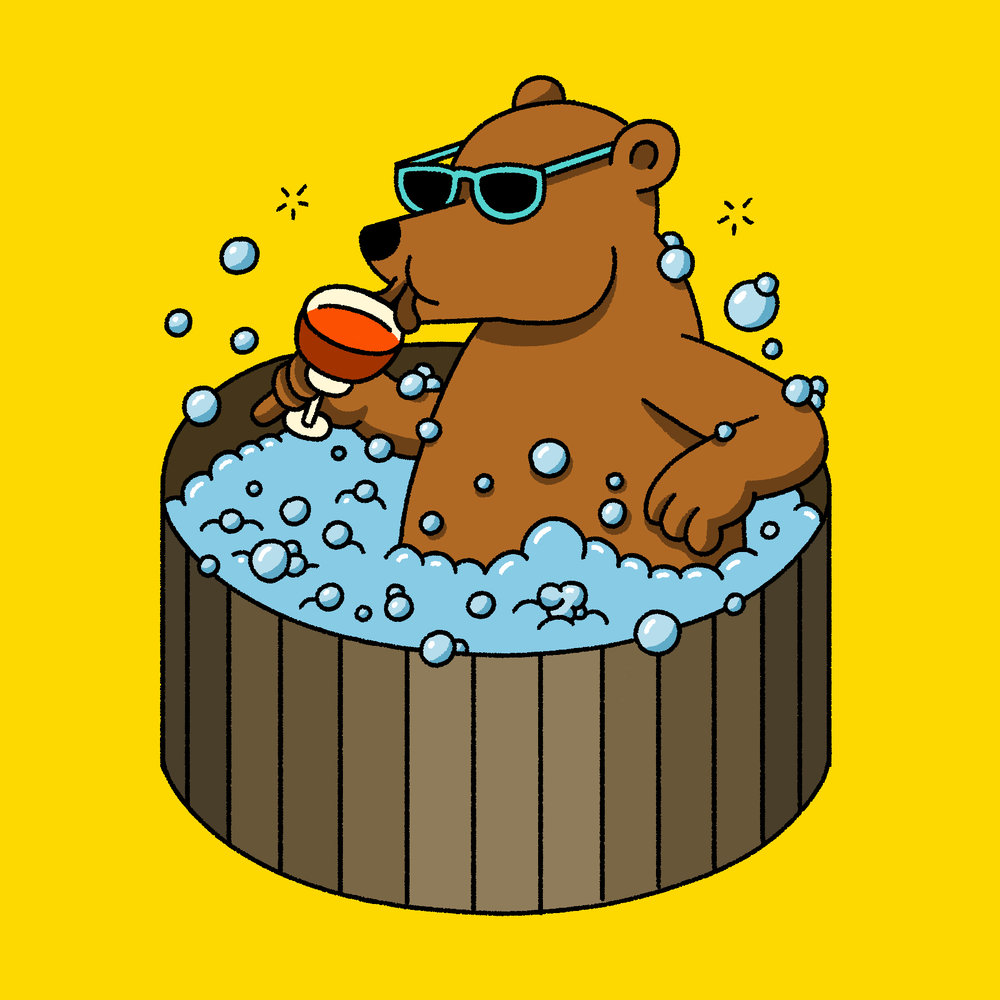 Cartoon bear wearing sunglasses sits in a hot tub with bubbles, sipping wine against a bright yellow background.