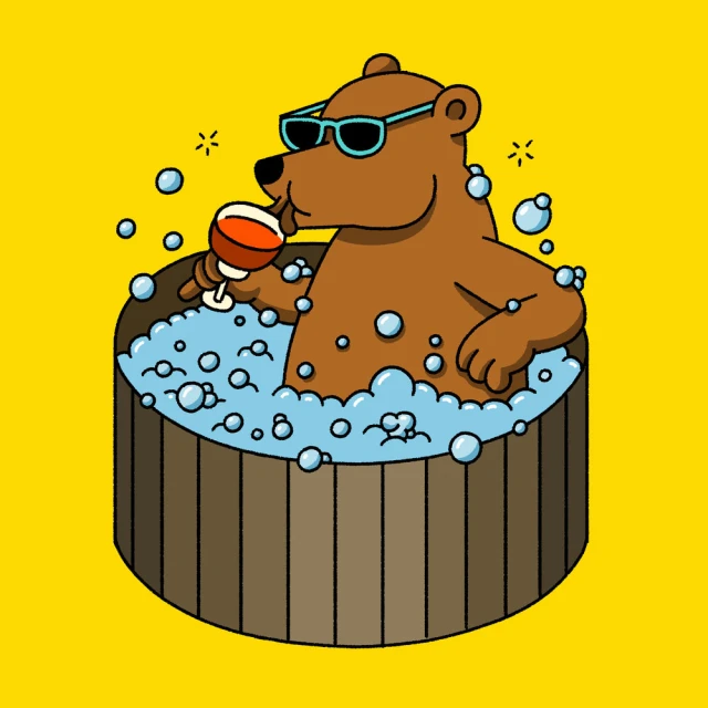 Cartoon bear wearing sunglasses sits in a hot tub with bubbles, sipping wine against a bright yellow background.