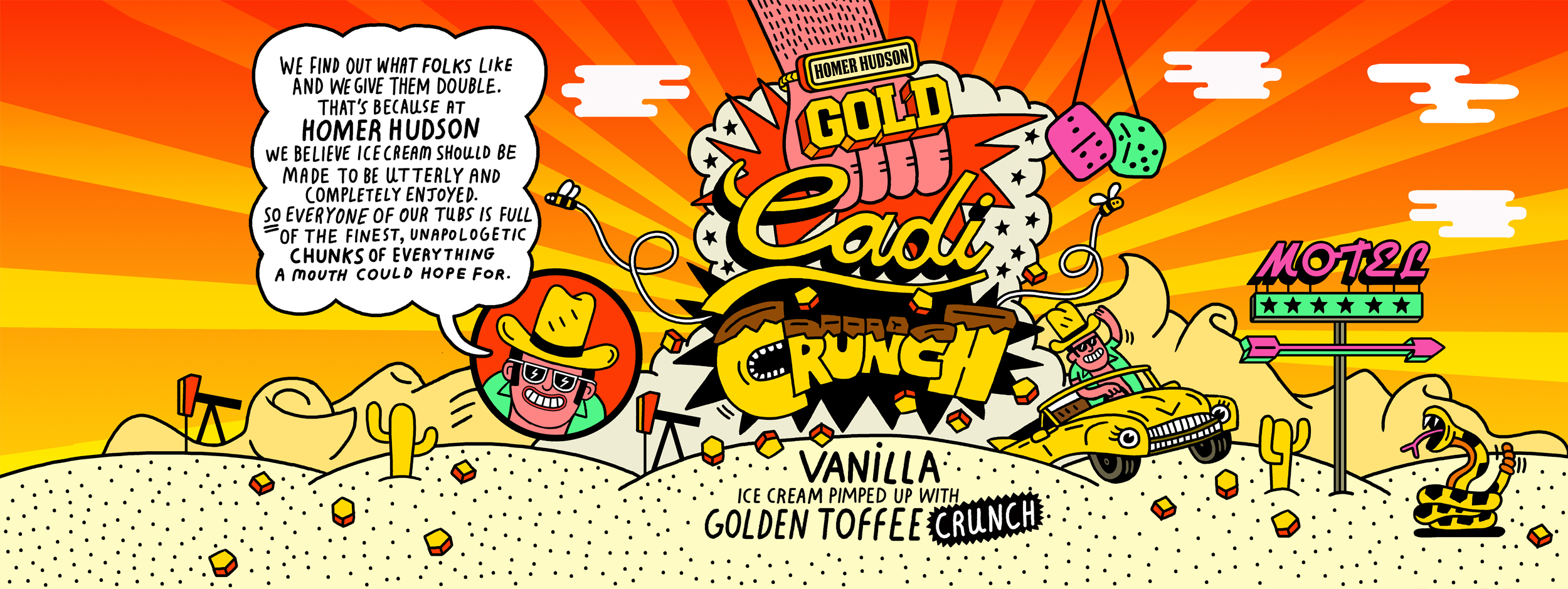 Colorful cartoon advertisement for Homer Hudson Gold Cadi Crunch ice cream with desert scene, a yellow car, a motel sign, and hand-drawn text.