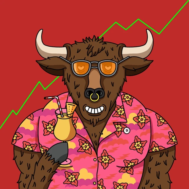 Cartoon bull wearing sunglasses and a floral shirt, holding a cocktail against a red background with a rising green line graph.
