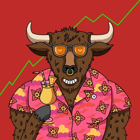 Cartoon bull wearing sunglasses and a floral shirt, holding a cocktail against a red background with a rising green line graph.