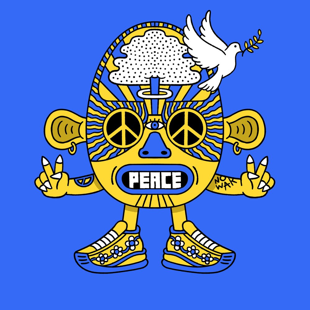 Cartoon illustration on blue background: An anthropomorphic figure with peace symbols, holding up peace signs, white dove on its head.