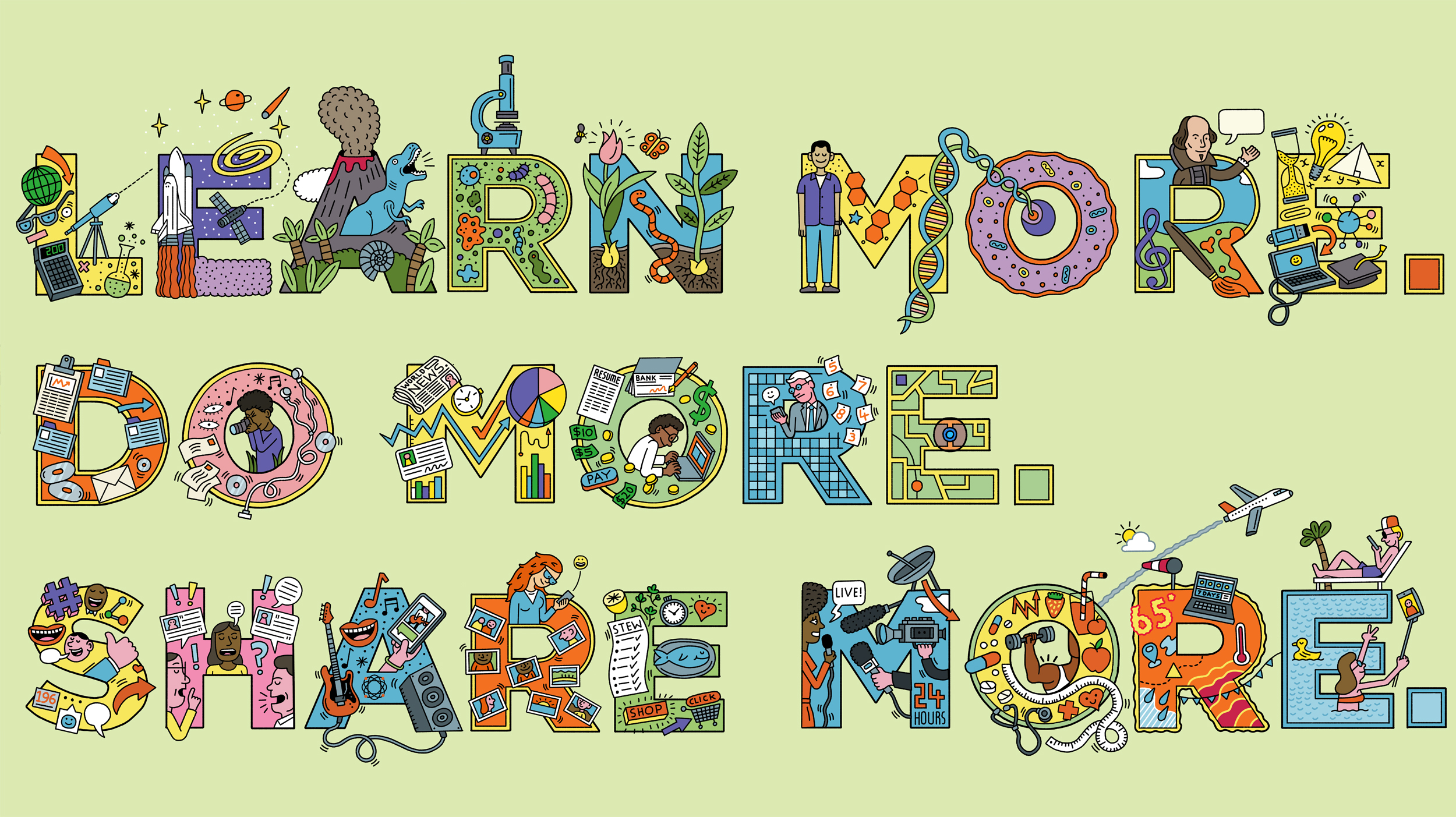Word art spelling 'Learn More, Do More, Share More' with illustrations of science, business, and communication inside the letters.