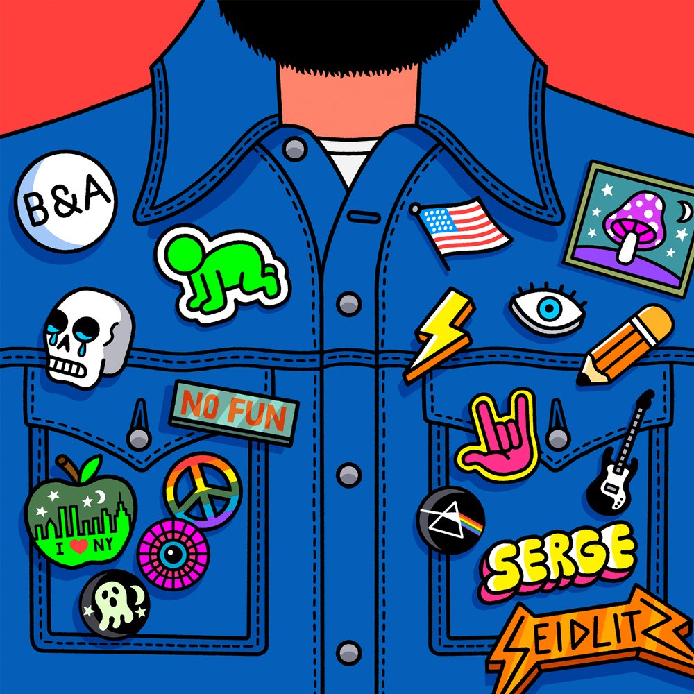 Illustration of a person wearing a denim jacket with patches and pins in a cartoon style, featuring various symbols and text on a red background.
