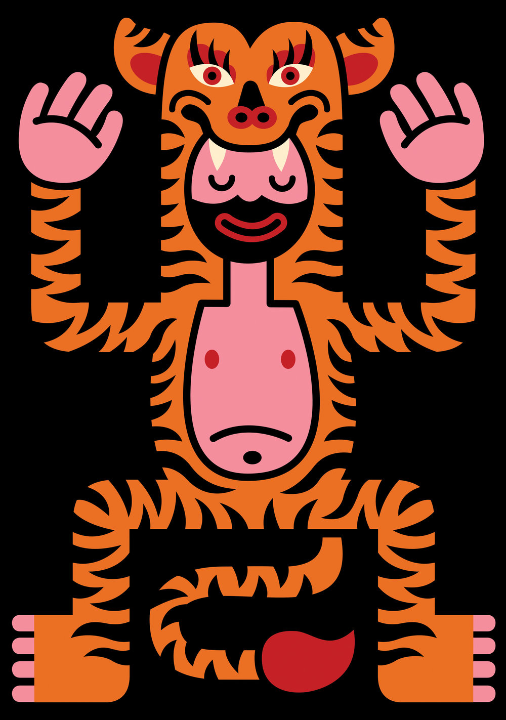 Cartoon illustration of a person in a tiger costume raising their hands in a graphic, eye-catching pose against a black background.