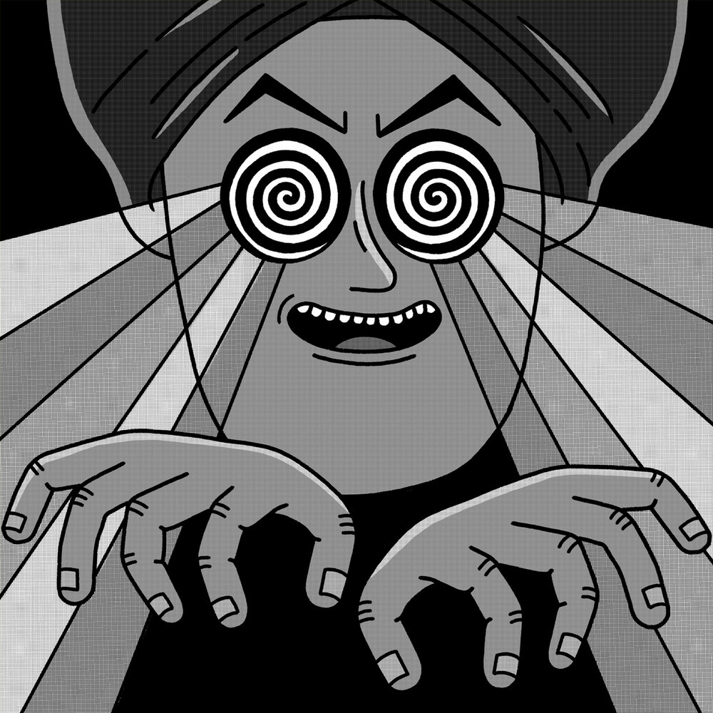 Monochrome cartoon image of a person with spiral eyes and outstretched hands, illuminated by light rays, creating a hypnotizing effect.