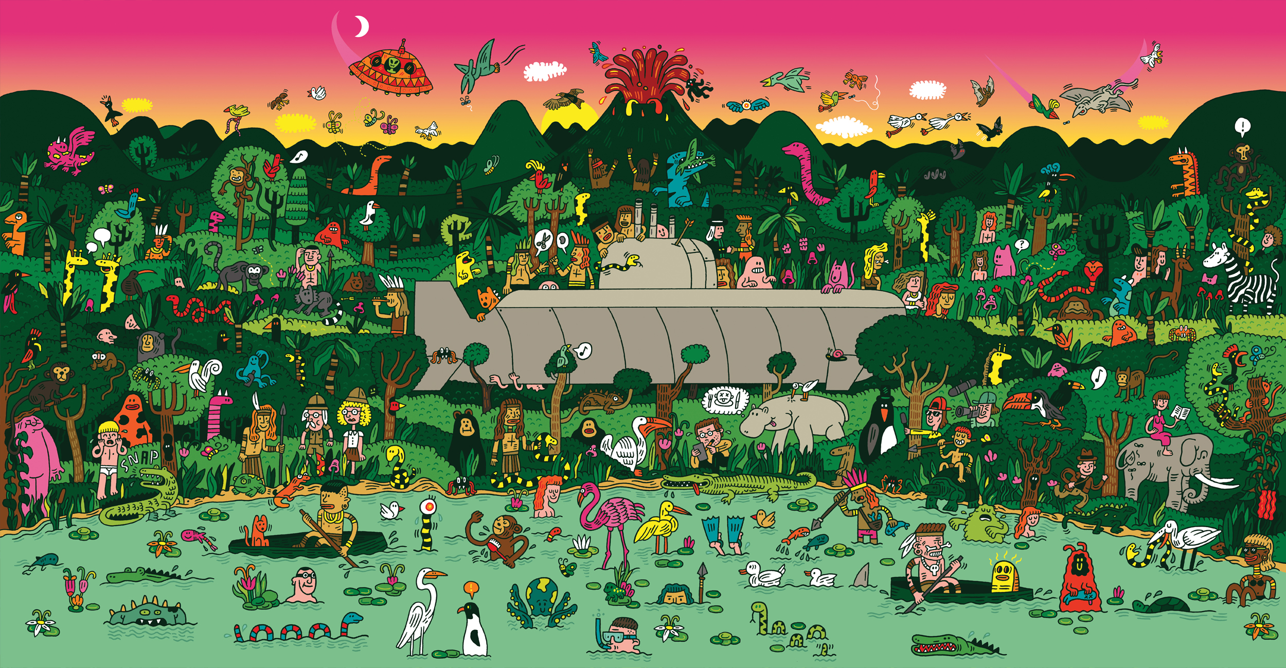Cartoon illustration of a densely populated jungle scene with many people, animals, and a large submarine in the middle of the image.