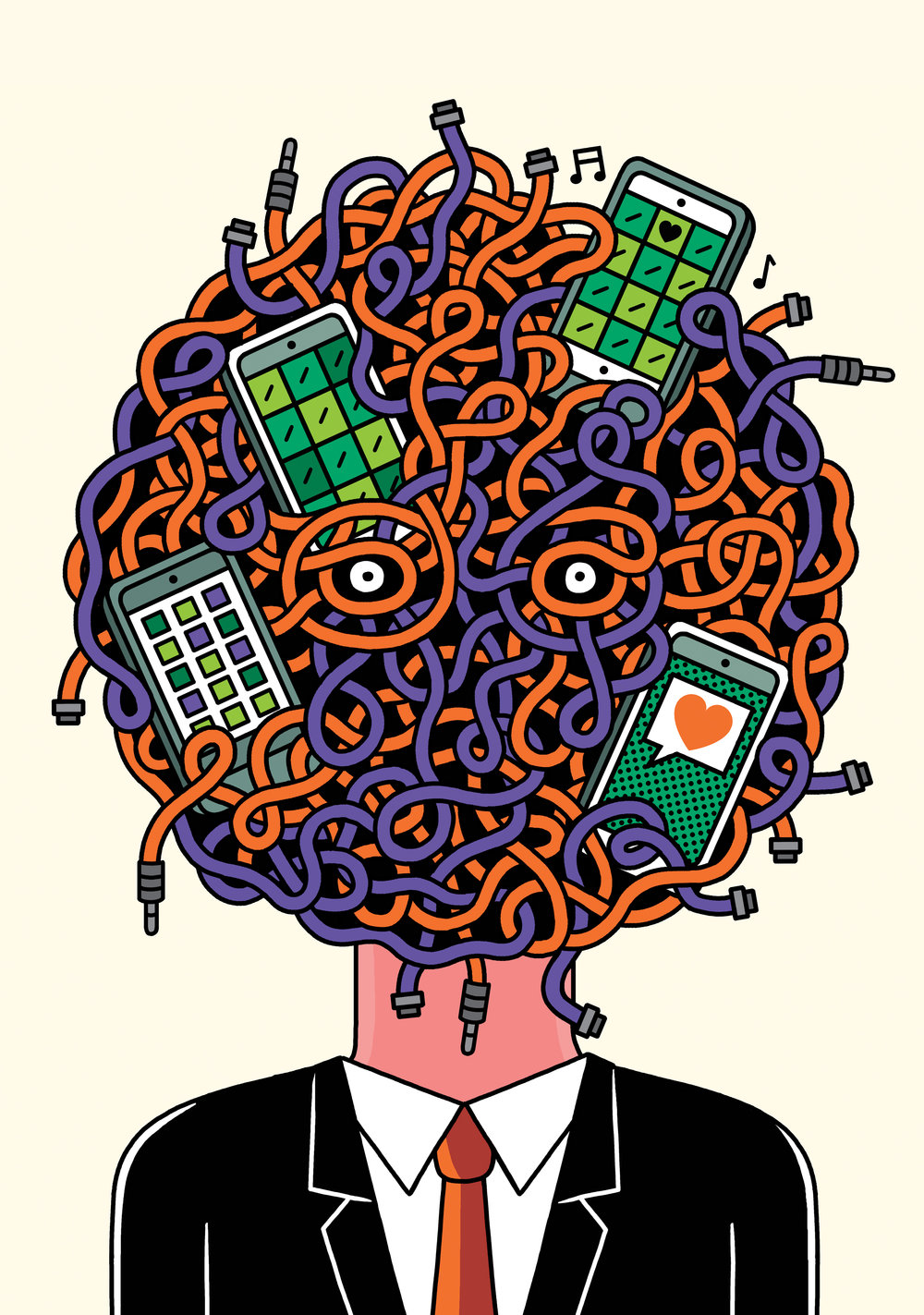 Conceptual illustration of a person's head replaced with orange and purple tangled wires, several smartphones, and a black suit.